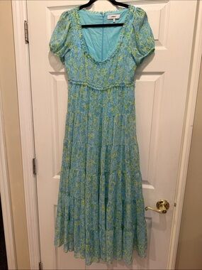 LIKELY Blue & Green Floral Tiered Maxi Dress Puff Sleeve